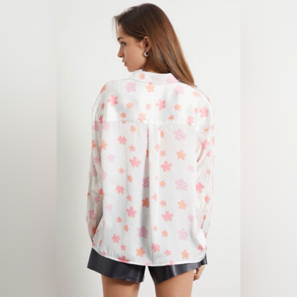 Peppermayo White Button-Down Blouse with Pink & Orange Floral Print - Picture 2 of 11